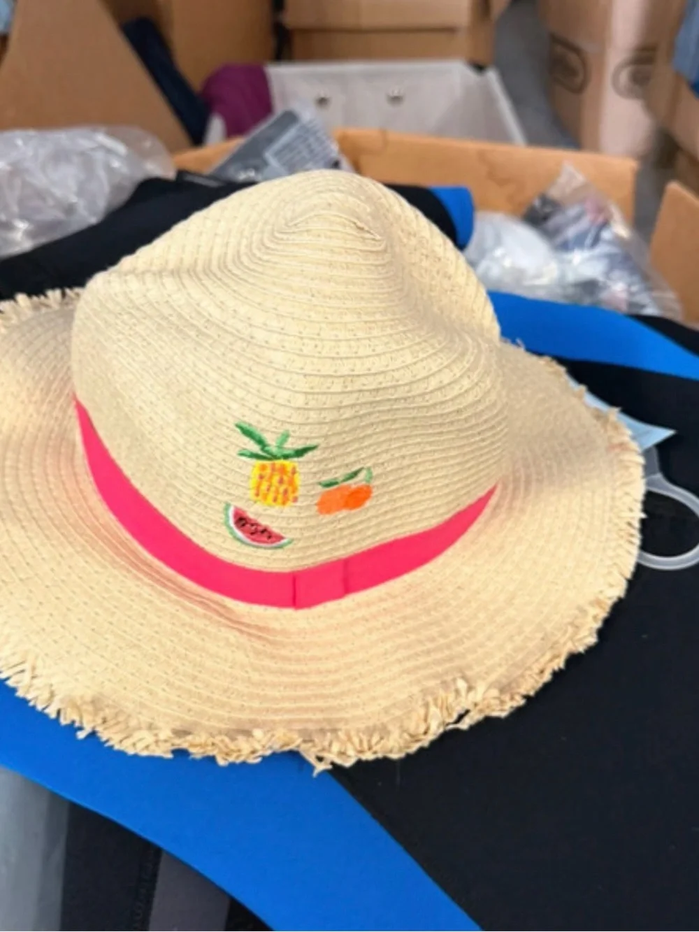 Girls' Straw Sun Hat with Pink Ribbon and Fruit Embroidery